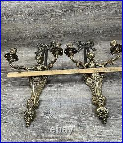 Estate Vintage Wall Double Candle Holder Pair Cherub With Ribbon Wall Sconces