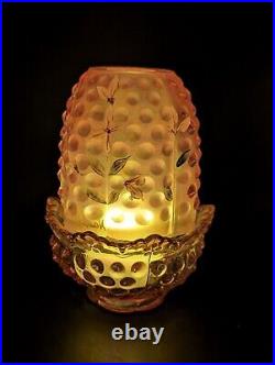 Fenton Pink Iridescent Hobnail Fairy Lamp Hand Painted Signed And Initialed