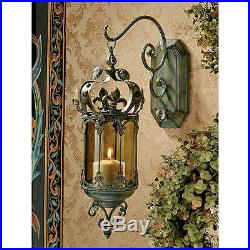 Fleur De Lis Hand-Tooled Metal Scrollwork Smoked Glass Hanging Wall Lantern