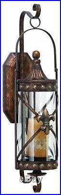 Flur-De-Lis Candle Wall Sconce Lantern Holder Bronze Iron Glass Home Decor