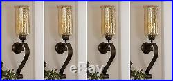 Four New Antiqued Bronze Hand Forged Metal & Glass Wall Sconce Candle Holders