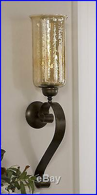 Four Rich Antiqued Bronze Hand Forged Metal & Glass Wall Sconce Candle Holders