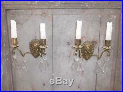 French a pair of gold bronze crystals wall candle holders beautiful antique