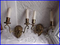 French a pair of gold bronze crystals wall candle holders beautiful antique