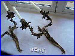 French a pair of patina bronze wall candle holders antique / vintage