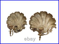 GREAT! Pair of Sold Heavy Brass ORNATE Seashell Shell Candle Wall Sconces 10.5