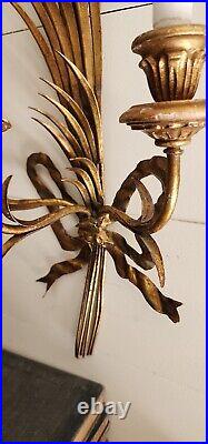 Gilded Gold Wheat Single Wall 3 Candle Sconce Made In Italy Hollywood Regency