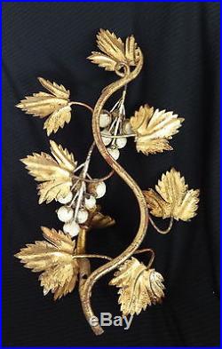 Gilt Gold Metal Grapes Leaves Vintage Wall Hung Sconces Italy Candle Holders D1