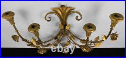 Gold metal / tole & wood wall sconce candelabra roses & leaves Made in Italy 25