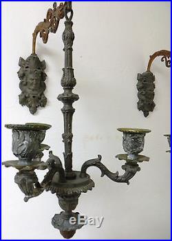 Gorgeous Antique Pair Gothic Dragons & Faces Candle Holders Wall Hanging Sconces