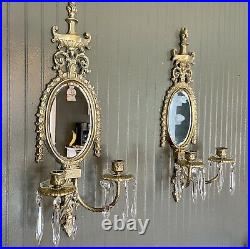 Gorgeous Set/2 Wall Candelabra Candle Holders Crystal Prisms Bevel Mirror GloMar
