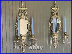 Gorgeous Set/2 Wall Candelabra Candle Holders Crystal Prisms Bevel Mirror GloMar