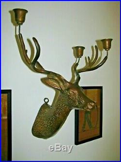 Gorgeous Vintage Brass Deer/Stag Head Wall Sconce with Candle Holders