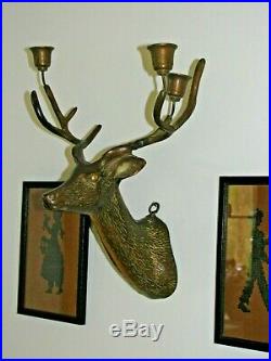 Gorgeous Vintage Brass Deer/Stag Head Wall Sconce with Candle Holders
