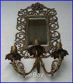 Gorgeous Vintage Gilt Bronze Beveled Mirror Candle Holder Wall Sconce
