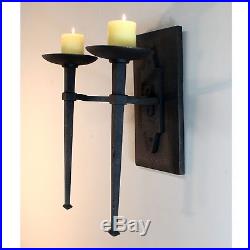 Gothic Medieval Wood and Metal Pillar Candle Wall Sconce Big Black Iron Painted