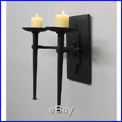 Gothic Medieval Wood and Metal Pillar Candle Wall Sconce Big Black Iron Painted