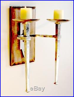 Gothic Rustic Medieval Wood and Metal Pillar Candle Wall Sconce Big Hand Made