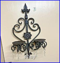 HEAVY Wrought Iron Candelabra Wall Sconces Candle Holders with Plastic Prisms