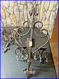 HEAVY Wrought Iron Candelabra Wall Sconces Candle Holders with Plastic Prisms