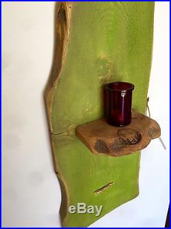 Handcrafted Green Wood Wall Decor with Candle Holder