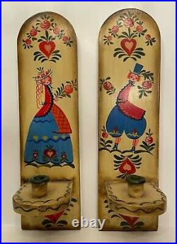 Handmade Hand Painted Pennsylvania Dutch Folk Art Couple Candle Wall Sconce Set