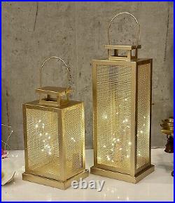 Handmade Set of 2 Iron Lantern and Candle Tealight Holder for Home Decor Golden