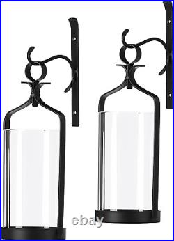 Hanging Hurricane Glass Wall Sconce Candle Holder Black Metal Wall Decorations S