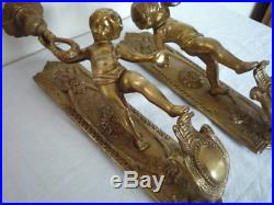 Heavy Cast Pair Of Brass Cherub Wall Sconces Candle Stick Holder Torchere Sconce