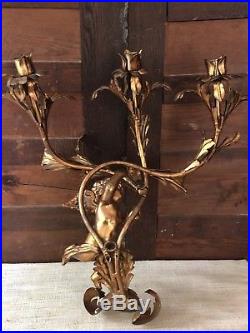 Hollywood Regency Gilt Tole Metal Gold Leaf 3 Candle Holder Wall Sconce w Cherub
