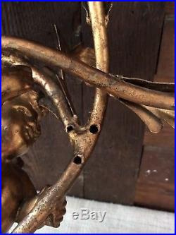 Hollywood Regency Gilt Tole Metal Gold Leaf 3 Candle Holder Wall Sconce w Cherub