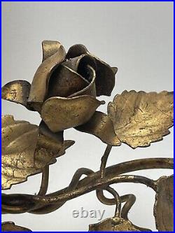 Hollywood Regency Gold Metal Sconces, Roses with Leaves, Mirrored Pair, Vintage