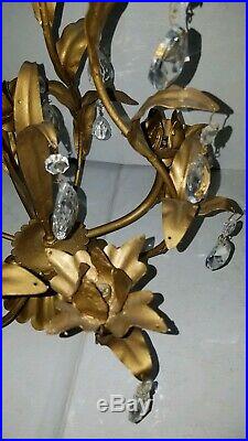 Hollywood Regency Golden Age Italian Tole w Prisms Wall Sconces Candelabra Group