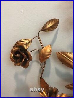 Hollywood Regency Italian Gold Gilt Metal Tole Wall Huge Sconce With Roses