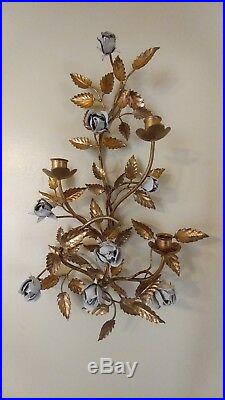Hollywood Regency MCM Italian Gold Gilt Rose Tole Scone Wall Candle Holder