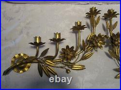 Hollywood Regency Set 2 Metal toleware gilded Wall Sconce 4 Candle Holders Italy