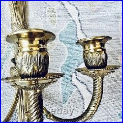 Hollywood Regency Tasseled Triple Candle Holder Lacquered Brass Wall Sconce Vtg
