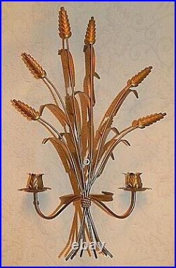 Hollywood Regency Wall Sconce Brass Gold WHEAT Candle Holder 20x14 MCM Vintage