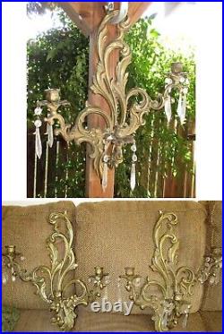 Hollywood Regency Wall Sconces Cast Bronze Candelabra Crystal SET Ornate 22