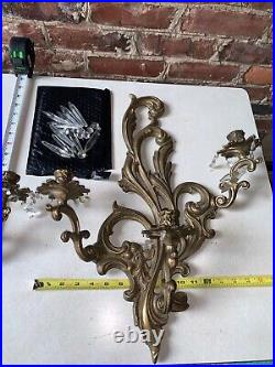 Hollywood Regency Wall Sconces Cast Bronze Candelabra Crystal SET Ornate 22