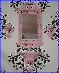 Homco 4 Piece Pink Wall Decor Set Mirror, Shelf & 2 Candle Holders
