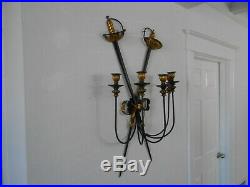 Huge Vintage Italian Florentine Sword Gilt Tole and Metal Wall Sconce Candle