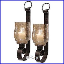 Indoor Wall Sconces Set of 2 Small Rustic Decorative Iron Glass Candle Holders