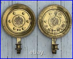 Intriguing Pair of Vintage Brass Round Crimped Wall Sconce Candle Holder Decor