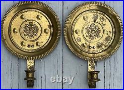 Intriguing Pair of Vintage Brass Round Crimped Wall Sconce Candle Holder Decor