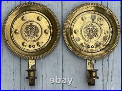 Intriguing Pair of Vintage Brass Round Crimped Wall Sconce Candle Holder Decor