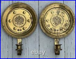 Intriguing Pair of Vintage Brass Round Crimped Wall Sconce Candle Holder Decor