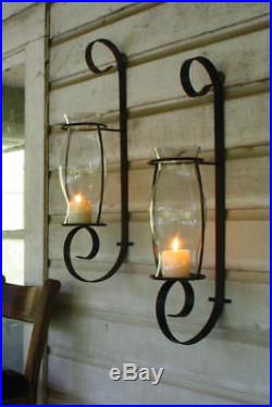 Iron Metal Wall Sconce with Hand Blown Glass Hurricane Pillar Candle Holder 32