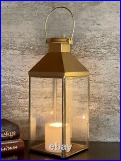 Iron and Glass Lantern and Candle Tealight Holder for Home Office Decor Golden