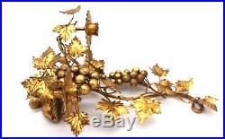 Italian Gold Gilt Grapes Leaves Tole Metal Candle Holders Wall Sconce Regency